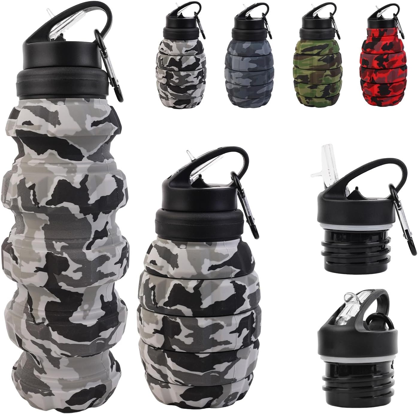 Collapsible Travel Water Bottle18oz, Reuseable Silicone Foldable Water Bottles for Gym Camping Hiking, Portable Leak Proof Sports Water Bottle with rugby Carabiner (Grey)