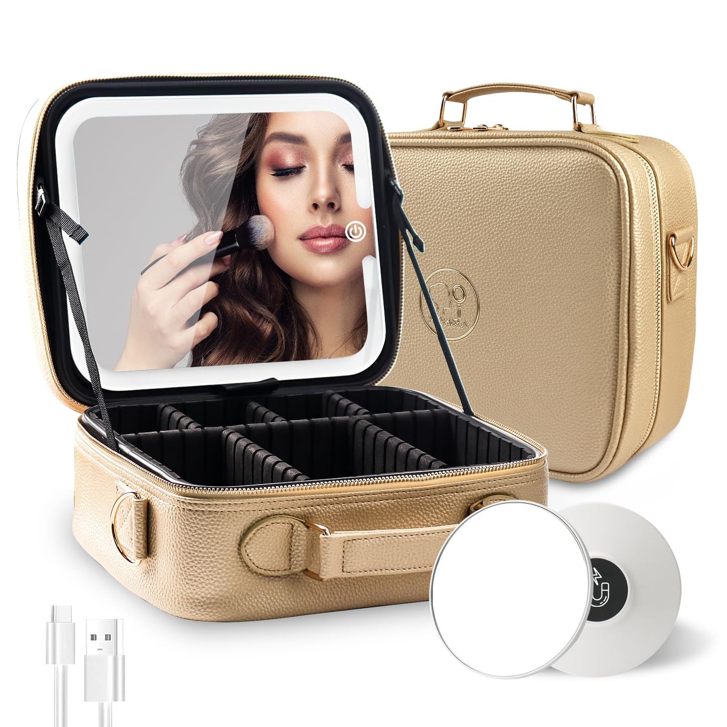 MOMIRA Travel Makeup Bag Cosmetic Bag with Lighted Mirror, Adjustable Brightness in 3 Color Scenarios/Detachable makeup mirror, All-round Upgrade, Waterproof, Gift for Women -Gold