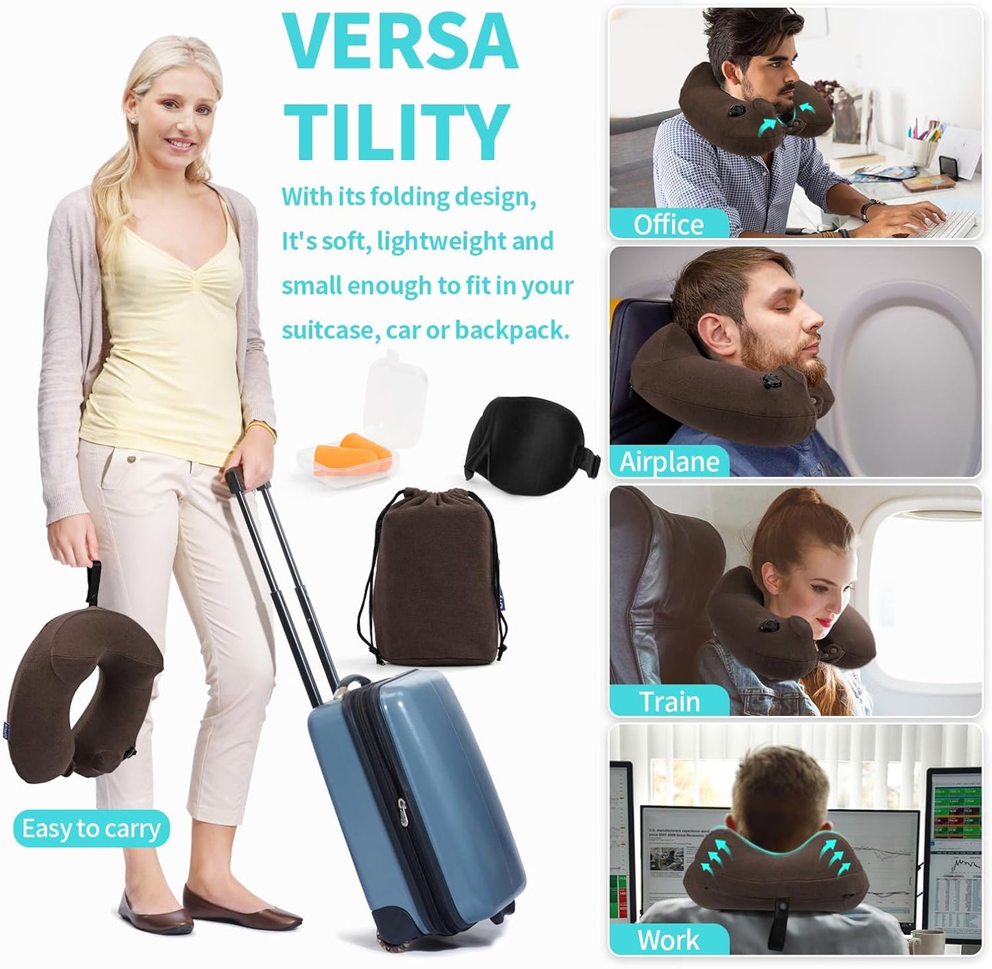 2 Pack Inflatable Travel Neck Pillows for Airplanes, Head Support Velvet Adult Neck Pillows for Long Flight, Kit with Eye Mask, Earplugs and Storage Bag, 2, Brown