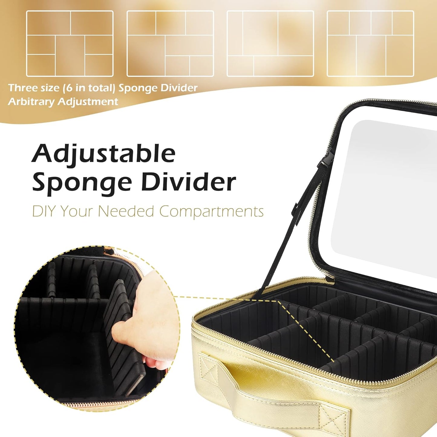 MOMIRA Makeup Bag with Mirror and Light Travel Makeup Train Case Cosmetic Bag Organizer Portable Artist Storage Bag with Adjustable Dividers Makeup Brushes Storage Organizer Golden