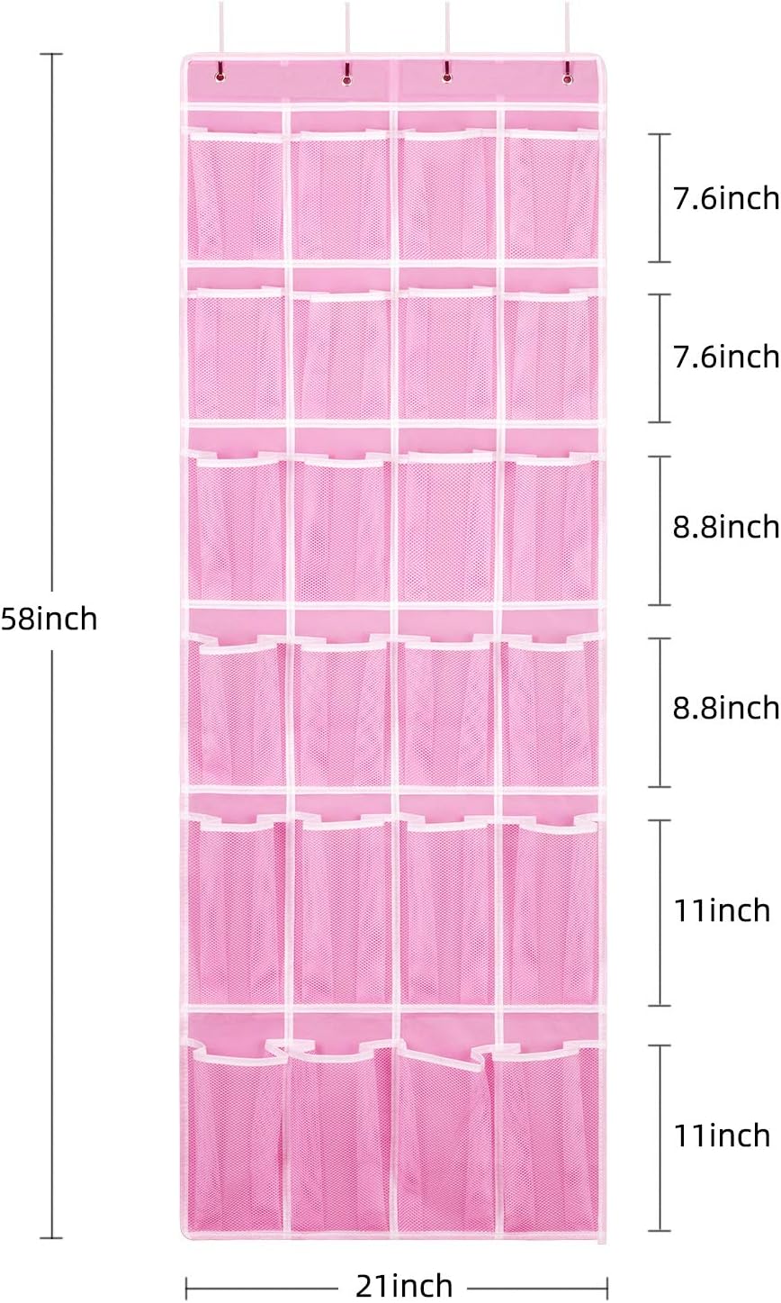 Hanging Shoe Organizer, Over The Door Shoe Organizer with 24 Breathable Mesh Pockets for Men Women Kids Hanging Shoe Storage Rack Organizer Size:58x21 Inch（Pink）