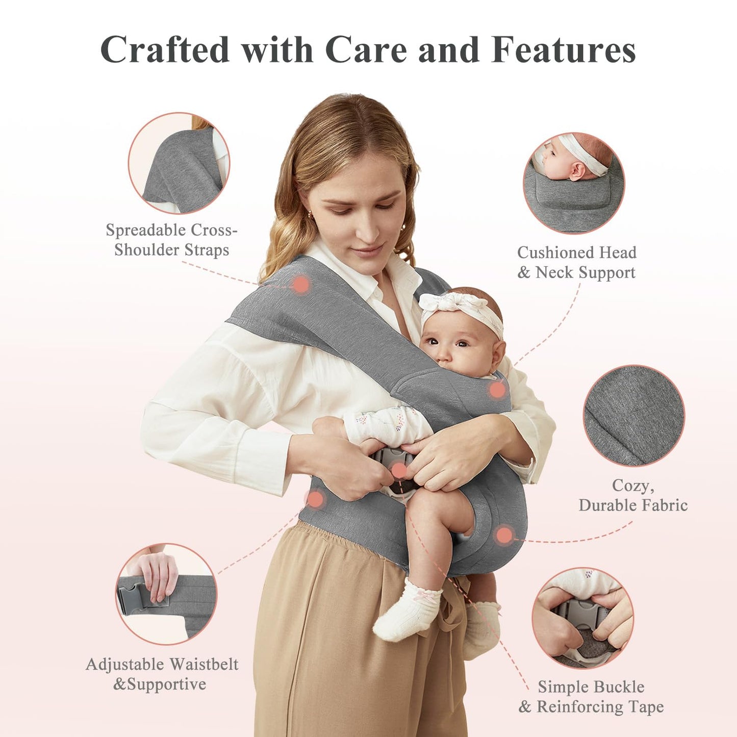 Newborn Carrier, Cozy Baby Carrier, Ergonomic Cross-Back Wrap, Hands-Free with Supportive Comfort, Light Grey