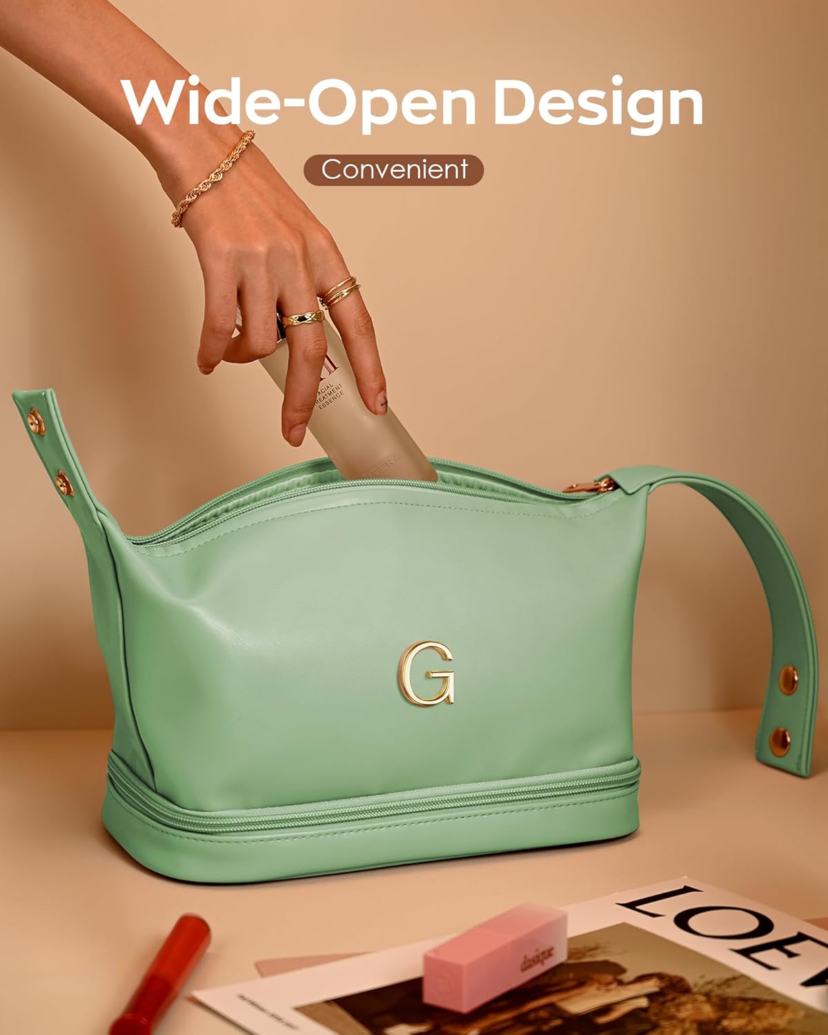 Personalized Gifts for Women Unique, Makeup Bag with Handle, Initial Double Layer Cosmetic Bag with Makeup Brush Organizer, Cute Cosmetic Pouch for Women, Gifts for Friends Female Mom