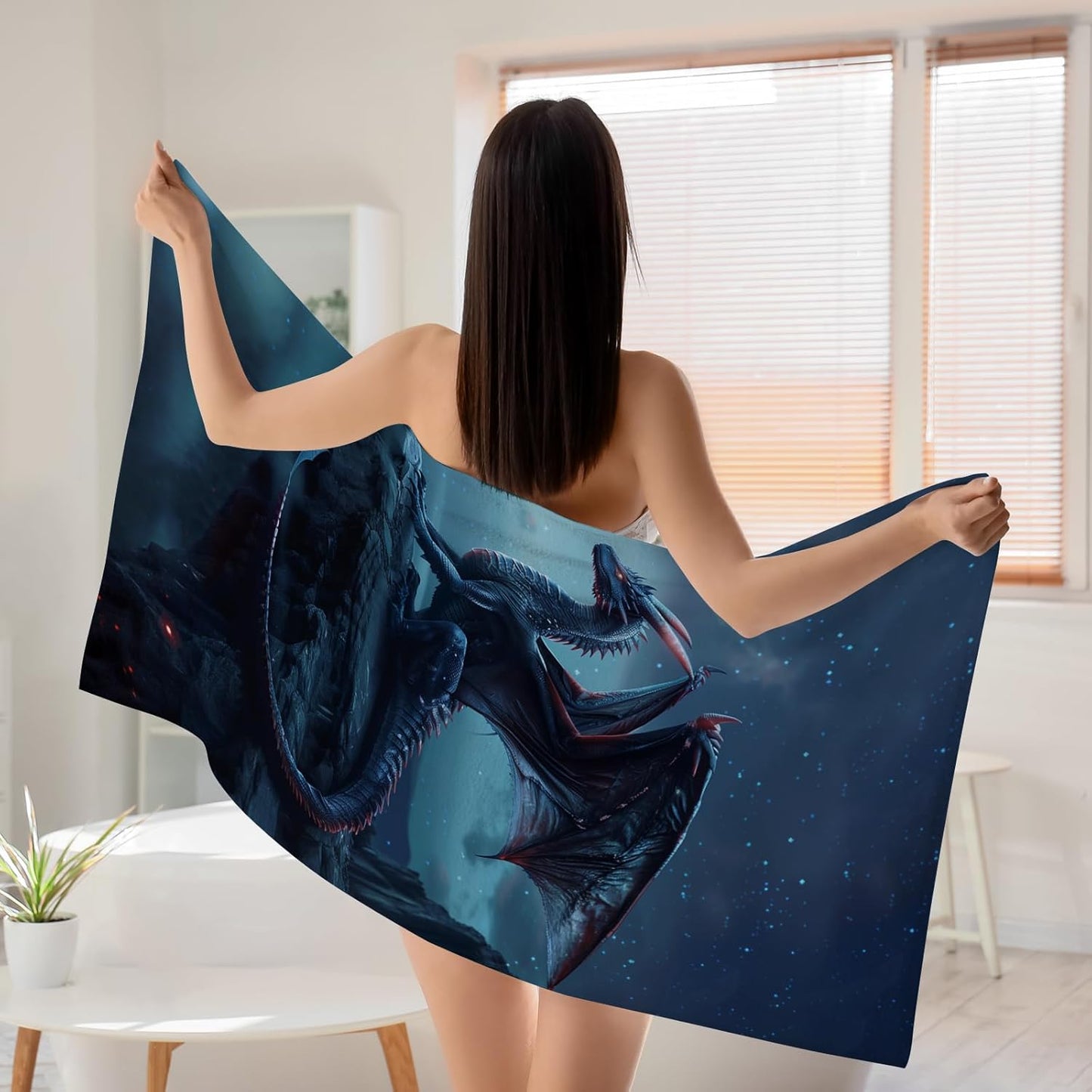 WZOMT Microfiber Dragons Beach Towel, Cool Funny Blue Dragons Standing on The Cliff Edge Bath Towels for Kids Boys Men, Quick Dry Sandproof Swim Pool Towel, Oversized 32x52 Inch