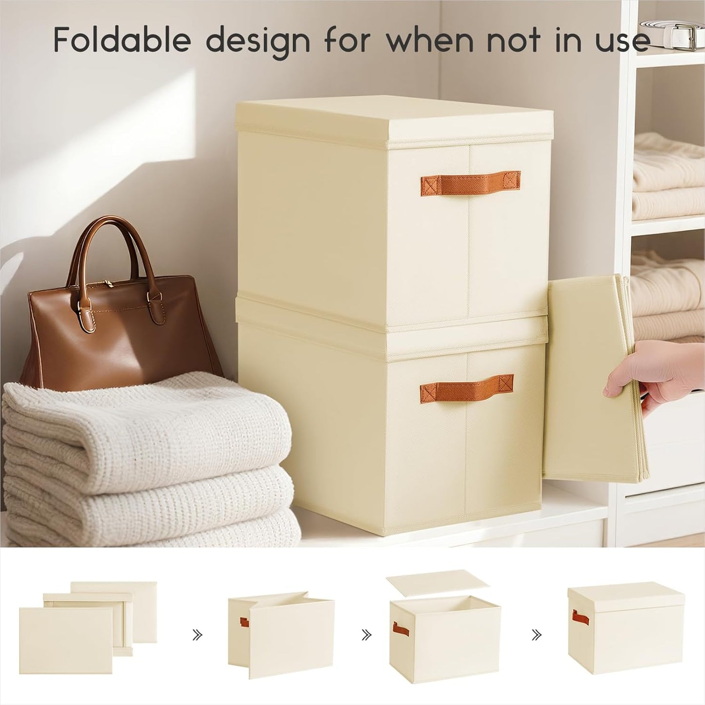 Storage Bins with Lids - Fabric Storage Baskets for Shelves, 4 Pack Foldable Decorative Boxes with Handles, Stackable Organizer Bins for Home, Nursery, Dorm, Beige
