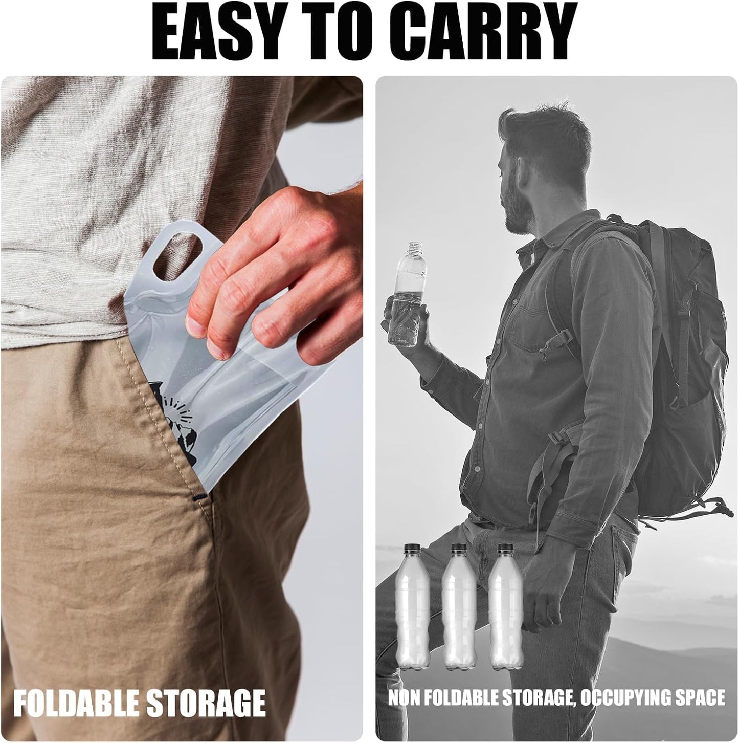 2-Pack 1L Hiking Collapsible Water Bottles with Mountaineering Buckle (Not Suitable for Climbing) BPA-Free Foldable Backpacking Water Bottle for Camping Hiking Running Cycling Mountaineering