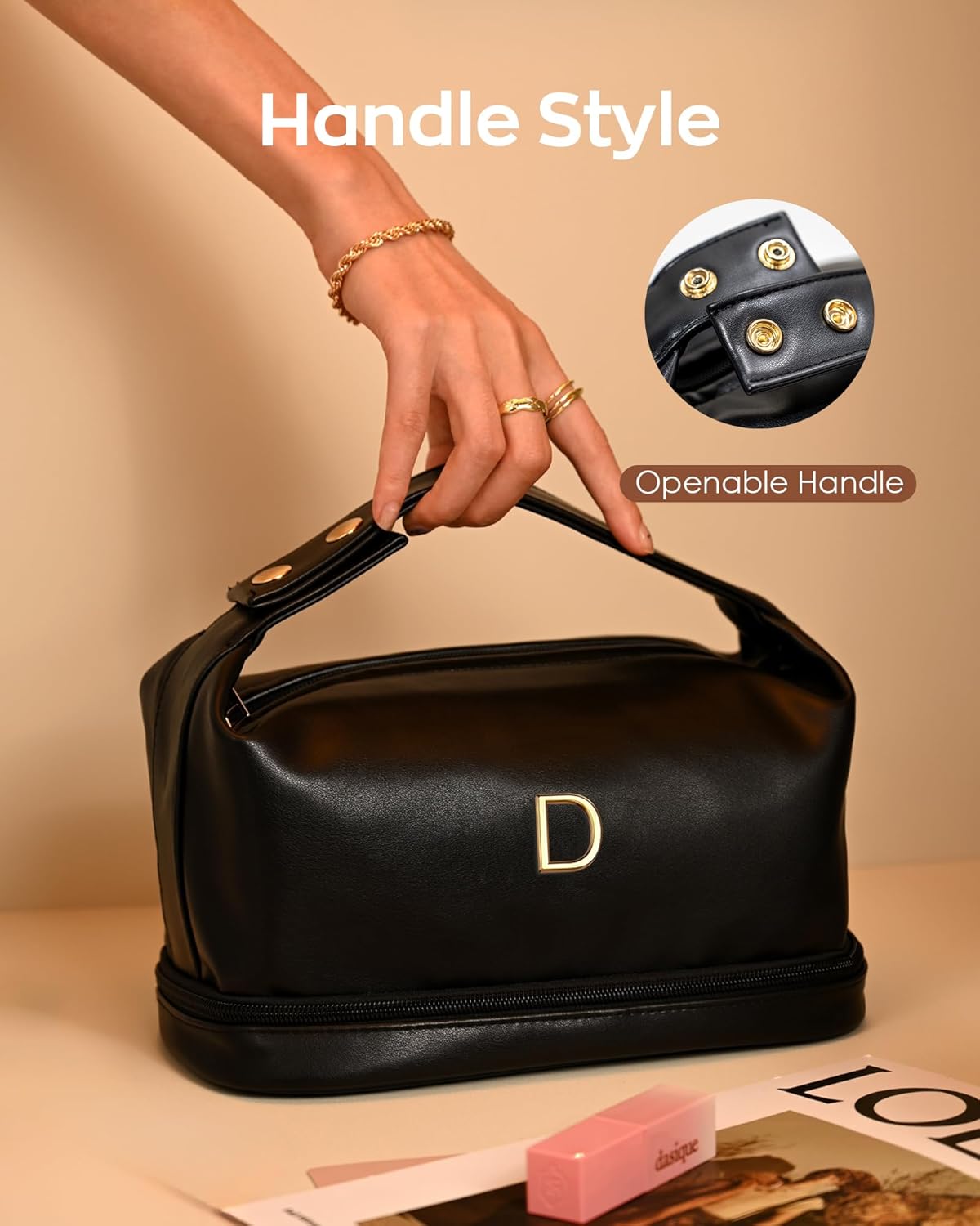 College Girls Gifts, Monogrammed Gifts for Women Makeup Bag with Handle, Double Layer Cosmetic Bag with Makeup Brush Organizer, PU Leather Travel Toiletry Bag, Gifts for Friends Female Mom