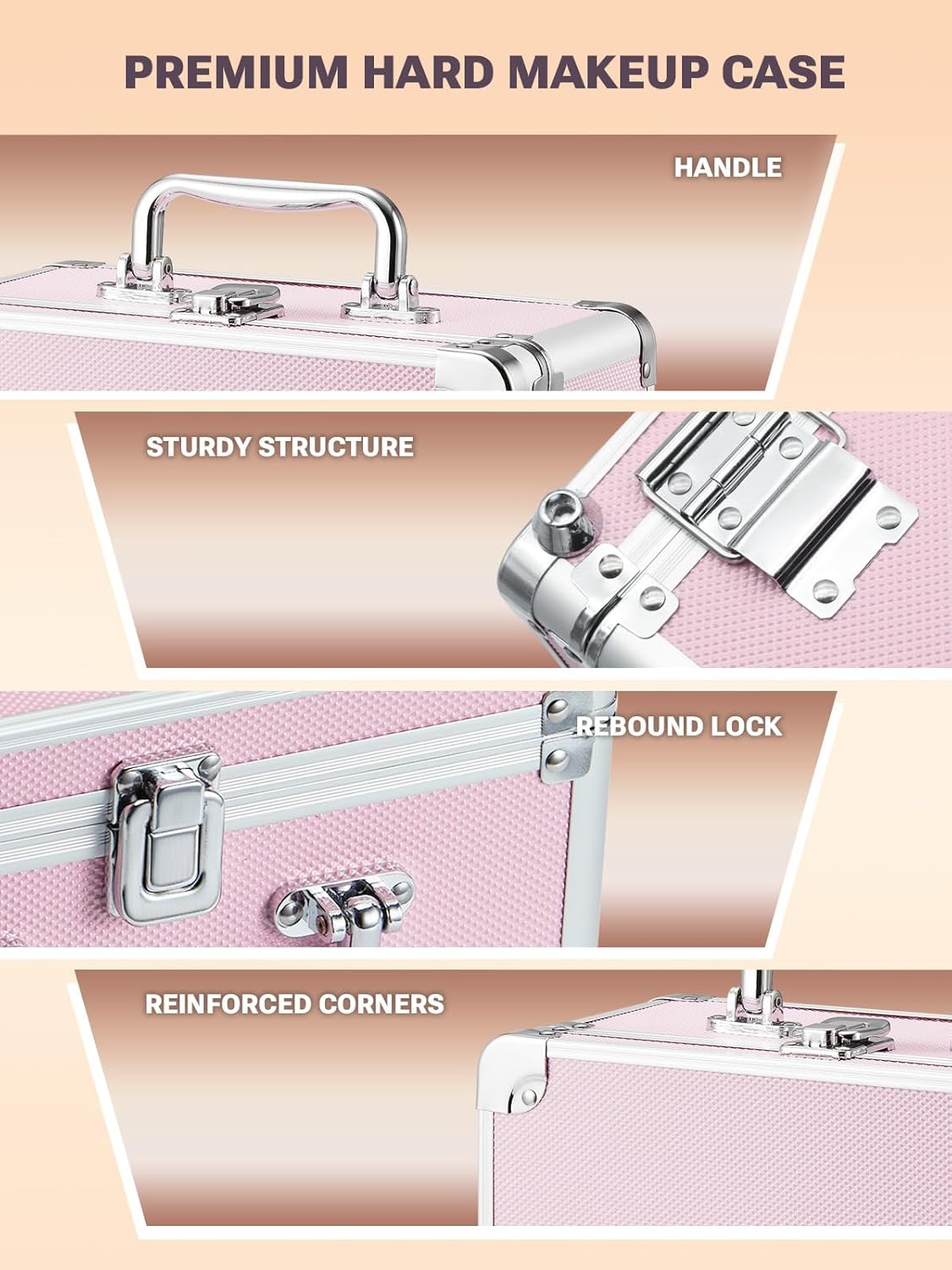 Qislee Makeup Box with A Detachable Lighted Mirror, Waterproof Travel Train Case, Cosmetic Organizer and Makeup Suitcase with Adjustable Dividers, Magnetic LED Mirror(Icy Pink)