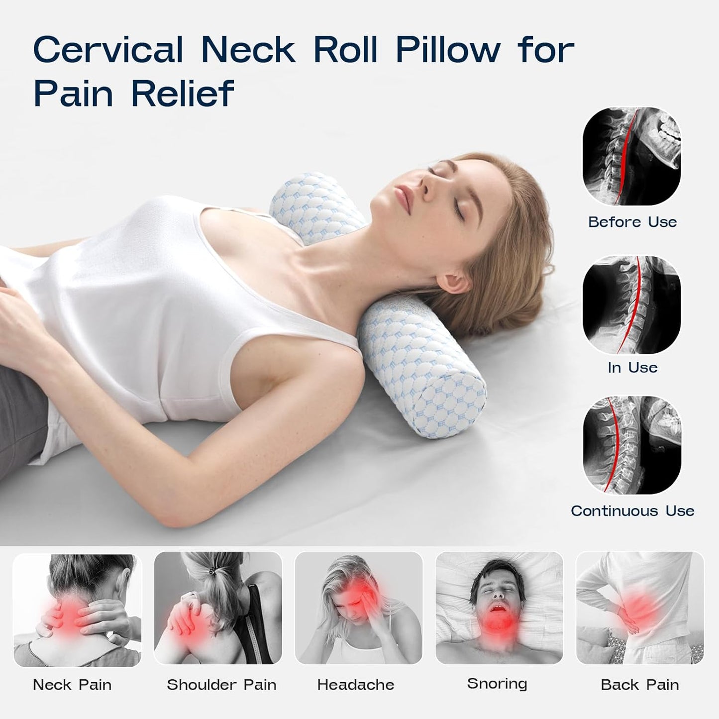 Neck Roll Pillow, Memory Foam Neck Support Pillows, Round Neck Pillows, Cylinder Bolster Pillows for Bed, Couch, and Yoga, Removable Washable Cover,18 * 4.3 * 4.3inch (Cool-Blue)