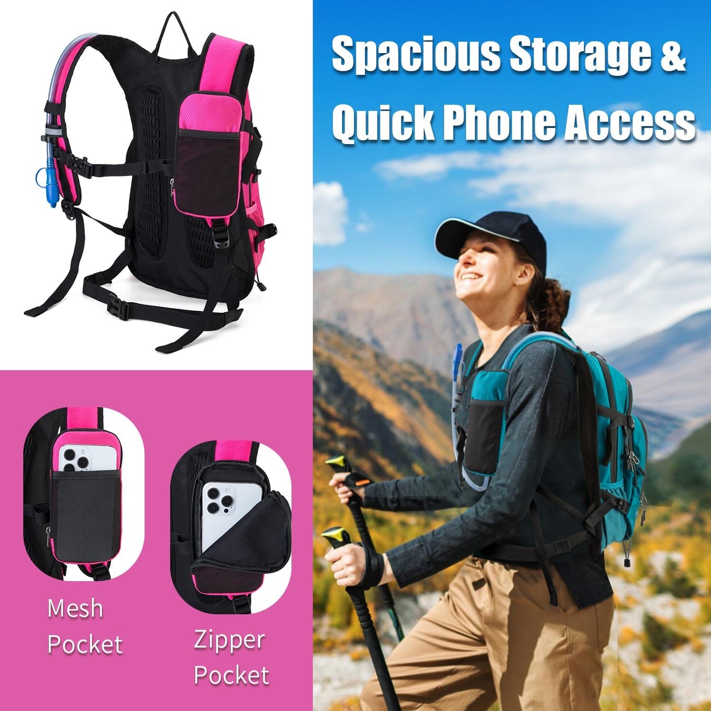 Hydration Backpack Pack with 2L Water Bladder 18L Hiking Backpack Women Men Lightweight Hydropack Insulated Daypack for Biking, Running, Festival