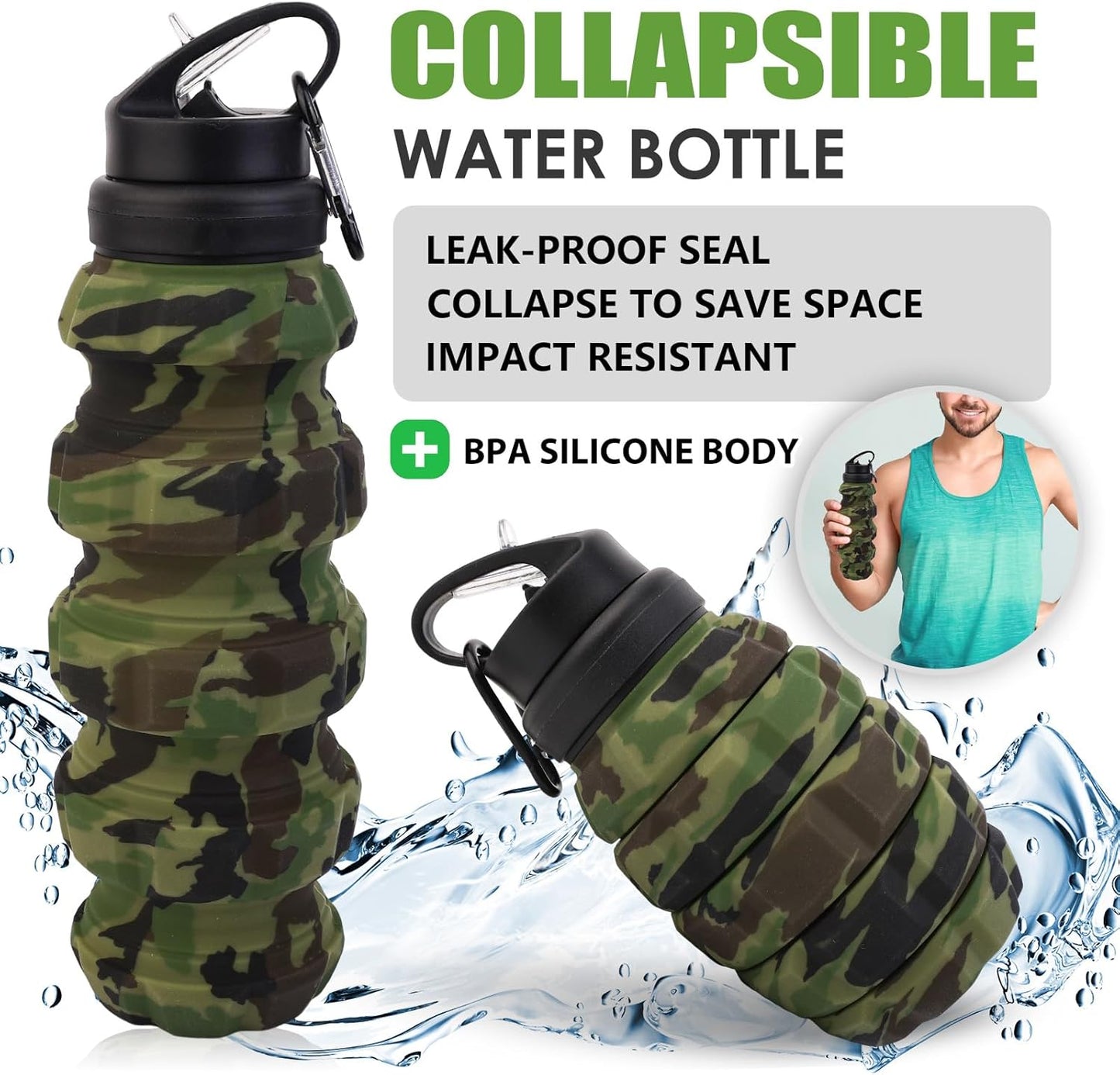 Collapsible Travel Water Bottle18oz, Reuseable Silicone Foldable Water Bottles for Gym Camping Hiking, Portable Leak Proof Sports Water Bottle with rugby Carabiner (Dark gray)