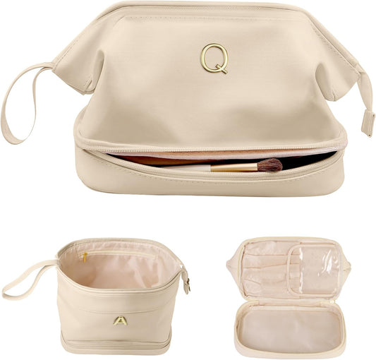Bridesmaid Gift, Initial Makeup Bags, Personalized Double Layer Cosmetic Bag with Makeup Brush Organizer, Waterproof, Large Capacity PU Leather Travel Toiletry Bag