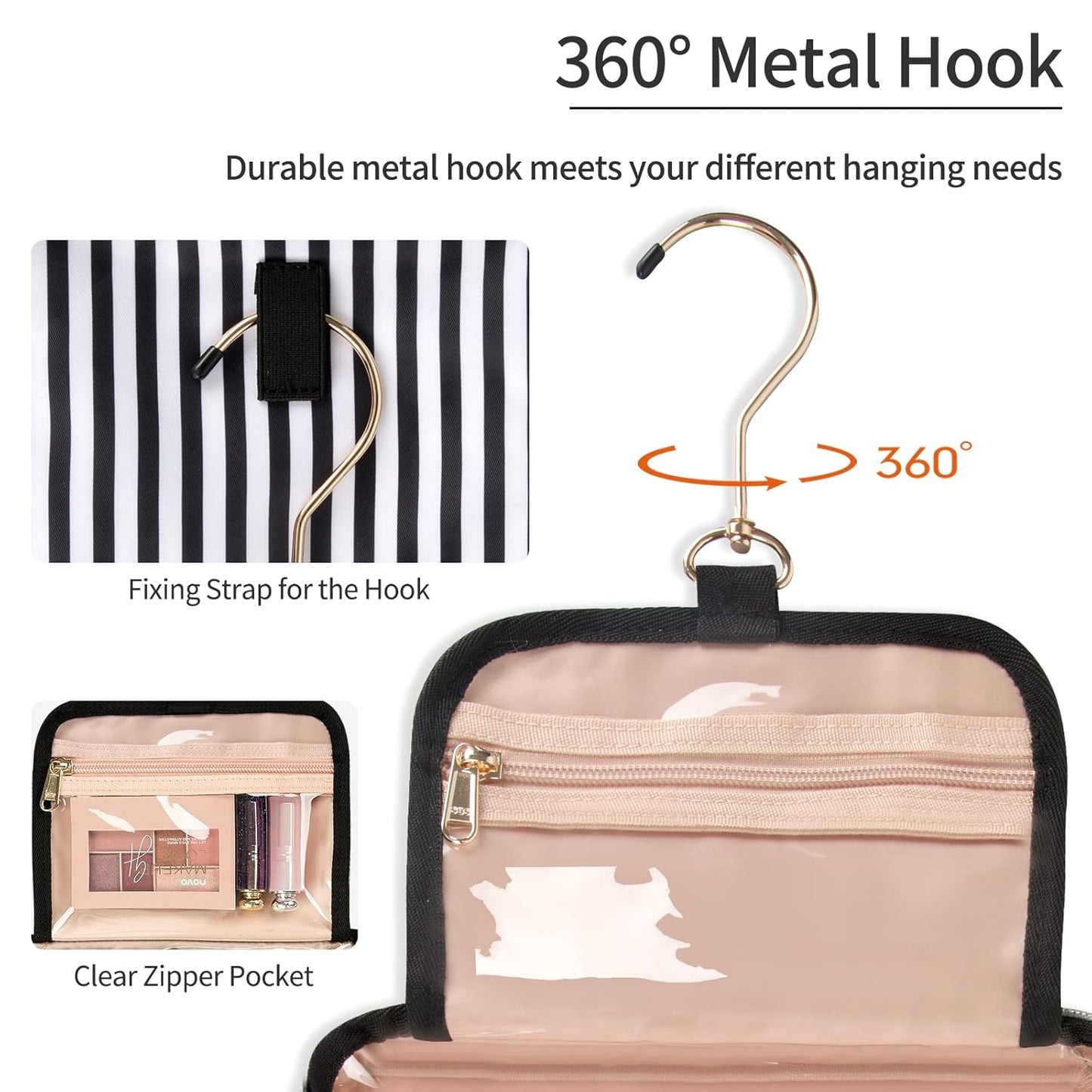 CUBETASTIC Travel Toiletry Bag with 360° Hanging Hook - 3 Compartments Water-resistant Makeup Bag with Portable Handle Medium - Makeup Organizer for Toiletries and Cosmetics