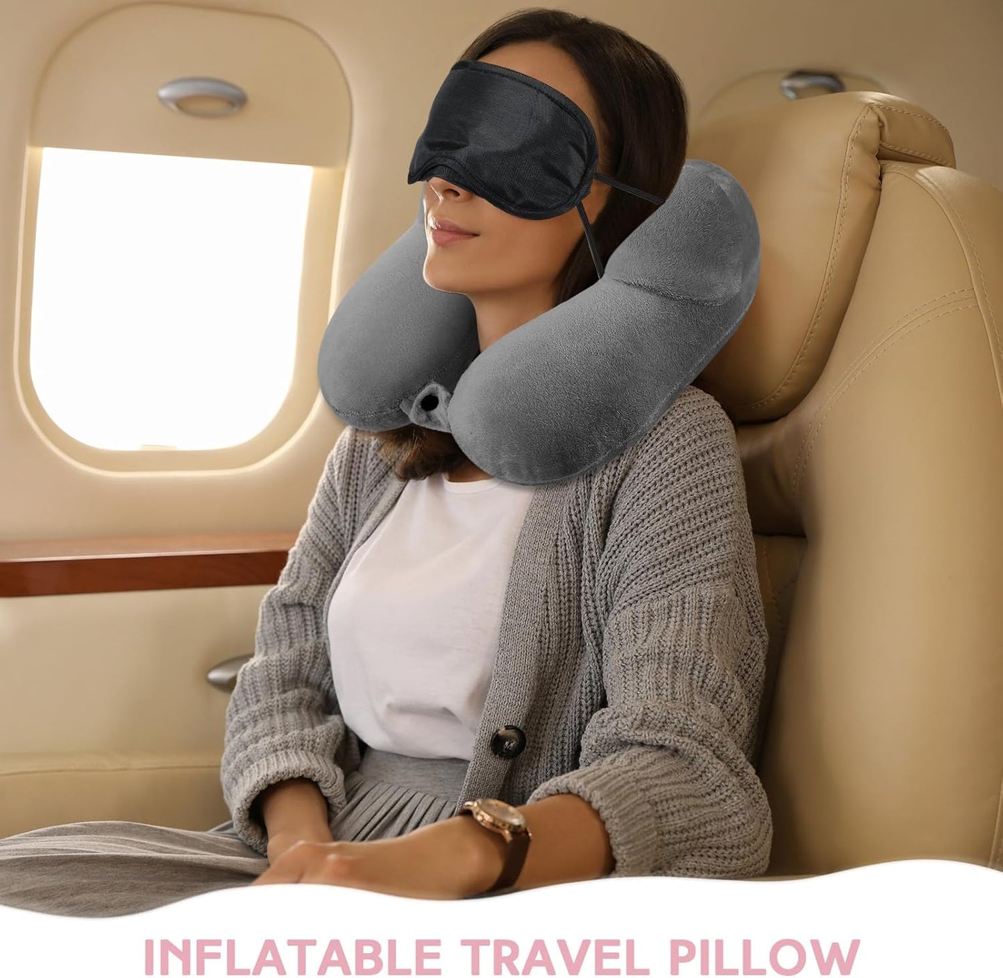 Sintuff 2 Pack Inflatable Travel Pillow for Airplanes Inflatable Neck Flight Pillows with Compact Bag and Blindfold for Traveling, Airplane, Train, Car, Office(Dark Gray and Light Pink)