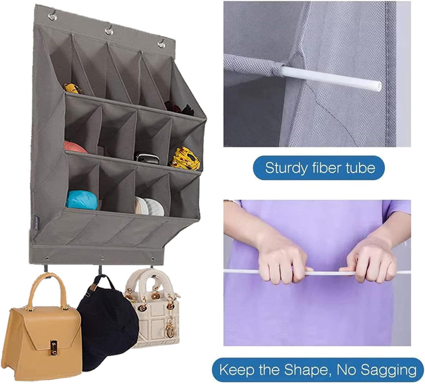 Over the Door Shoe Organizer, 12 Pockets Hanging Shoe Storage Rack with Large Deep Pockets, Oxford 600D Fabric Grey Shoe Storage Rack with 6 hook for Shoes, Slipper,Home Accessories etc-Black