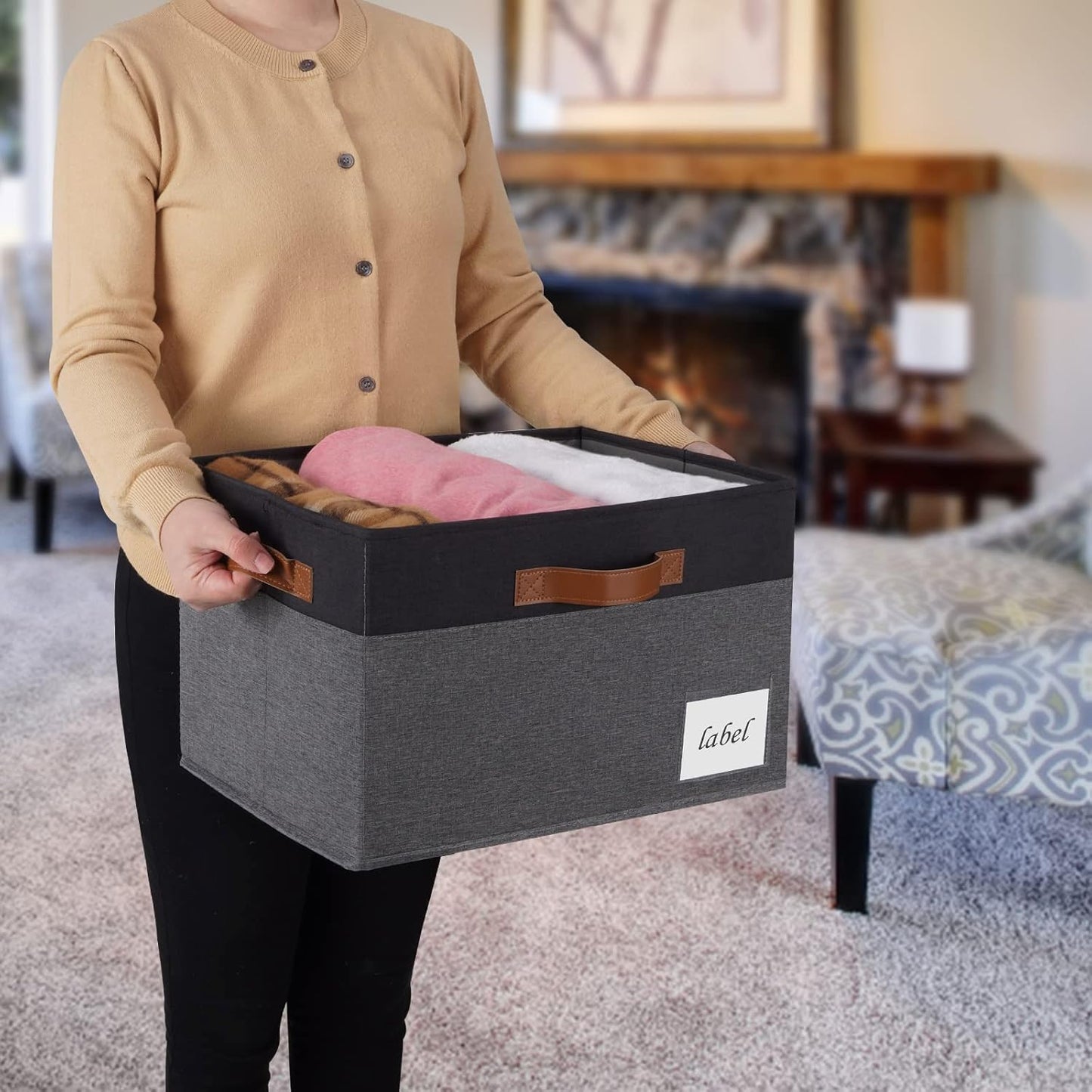 Large Storage Bins with Lids, Foldable Fabric Storage Baskets with Lids, Sturdy Storage Boxes with Labels and 3 PU Handles for Closet Home Bedroom Office (26L, 3 Packs, Grey&Black)