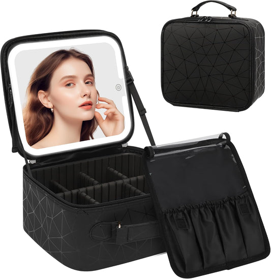 Chomeiu Makeup Bag with LED Mirror, Cute Cosmetic Bags Birthday Gifts for Girls Women, Makeup Train Case Artists Organizer Large Make Up Bags with Light Up Mirror 3 Color Lights, Black Geometric