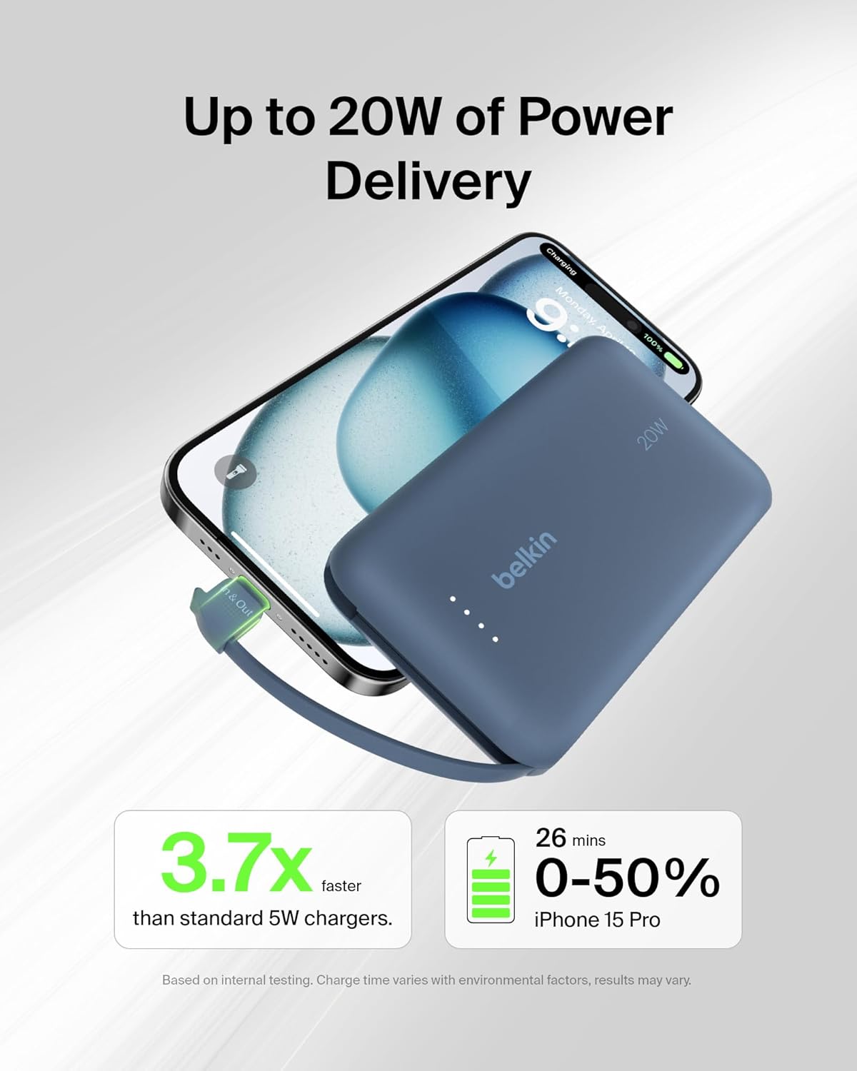 Belkin Portable Charger, Portable Power Bank with Integrated Cable 10000 mAh 20W - Fast Charge USB C Power Delivery, iPhone Charger - iPhone 16 Series, iPad Pro, Galaxy S25, & More - Blue
