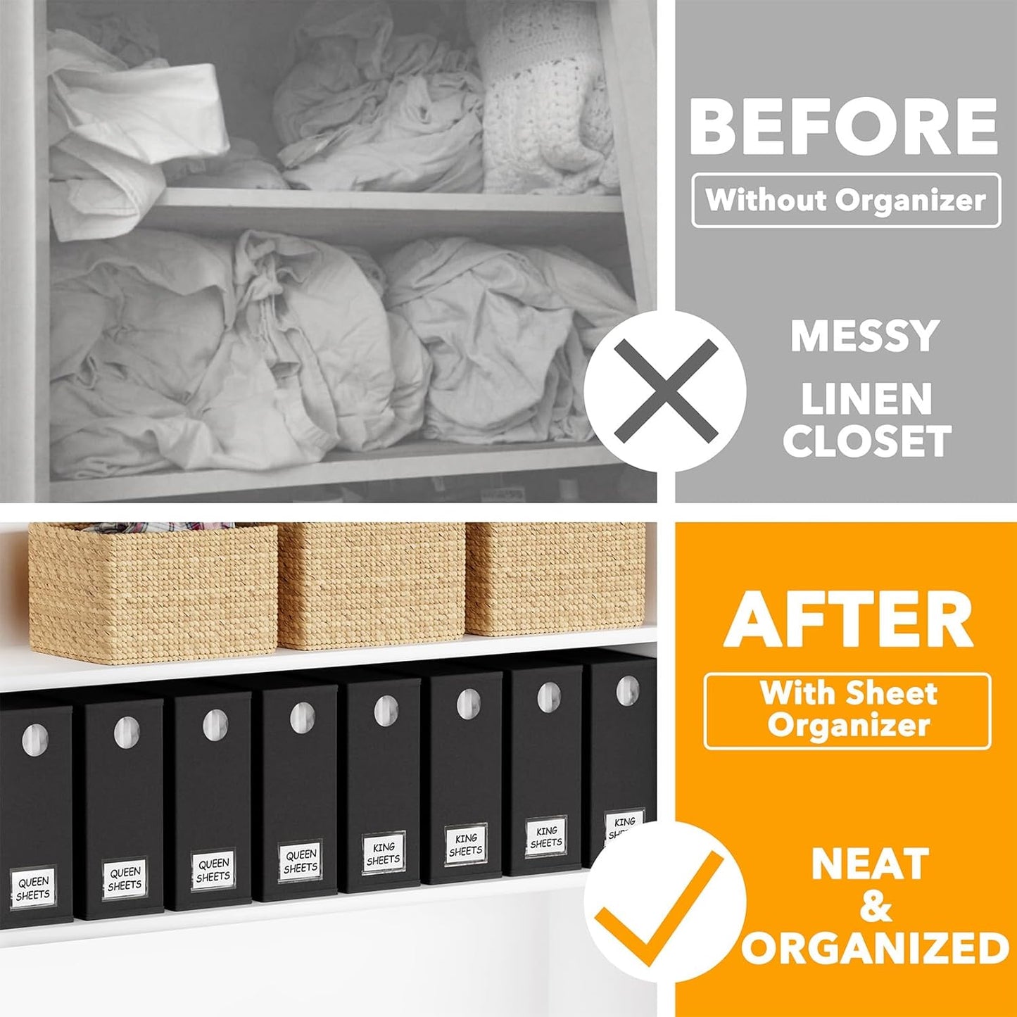 SpaceAid 8 Pack Bed Sheet Organizers and Storage, Foldable Sheet Organizer for Linen Closet, Sheets Set Folder Keeper with Window XL (Queen & King Size) Bedding Container (Black, 8 Pack)