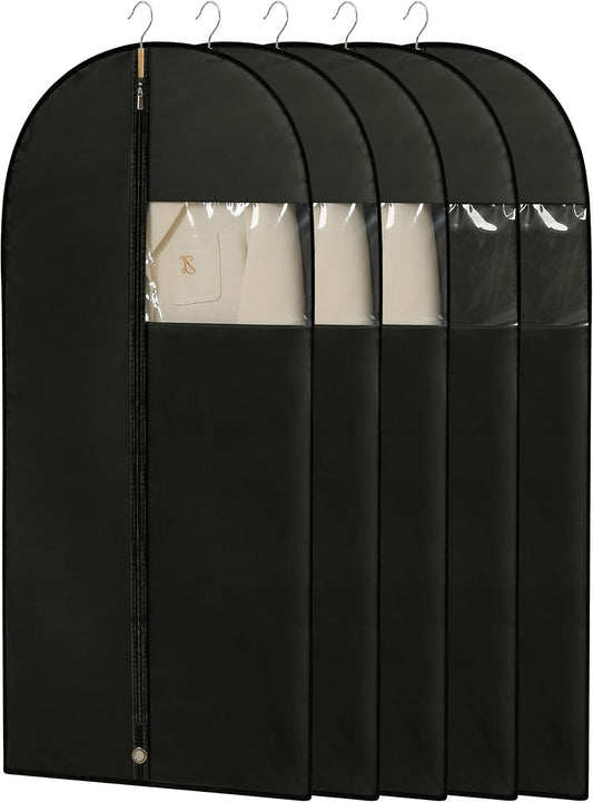 Garment Bags for Hanging Clothes, 50'' Long Dress Bags for Closet Storage, Black Garment Covers with Clear Window for Suits, Coats, Jackets（5 Packs）