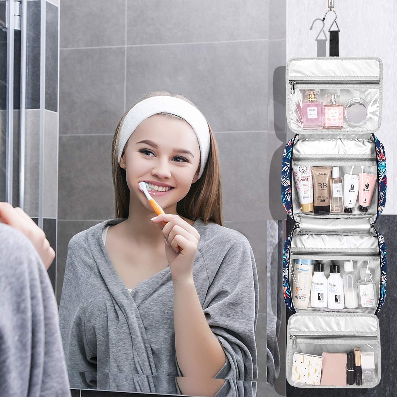 Hanging Travel Toiletry Bag,Large Capacity Cosmetic Travel Toiletry Organizer for Women with 4 Compartments & 1 Sturdy Hook,Perfect for Travel/Daily Use/Christmas