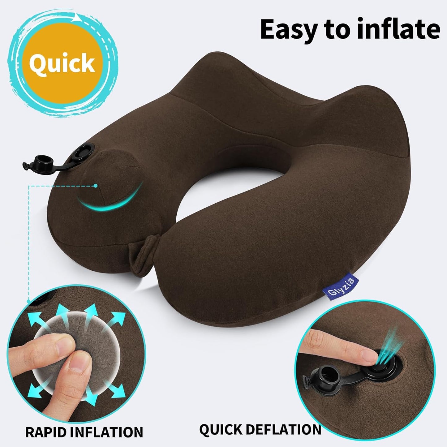 2 Pack Inflatable Travel Neck Pillows for Airplanes, Head Support Velvet Adult Neck Pillows for Long Flight, Kit with Eye Mask, Earplugs and Storage Bag, 2, Brown