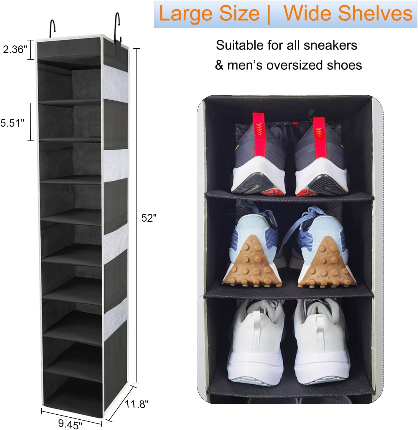 Large-Sized Hanging Shoe Organizer 10-Shelf, Sturdy Hanging Closet Organizer with 8 Side Pockets, Wider Hanging Shelves for Storage Shoes Clothes Jeans Shirts Toys, Black