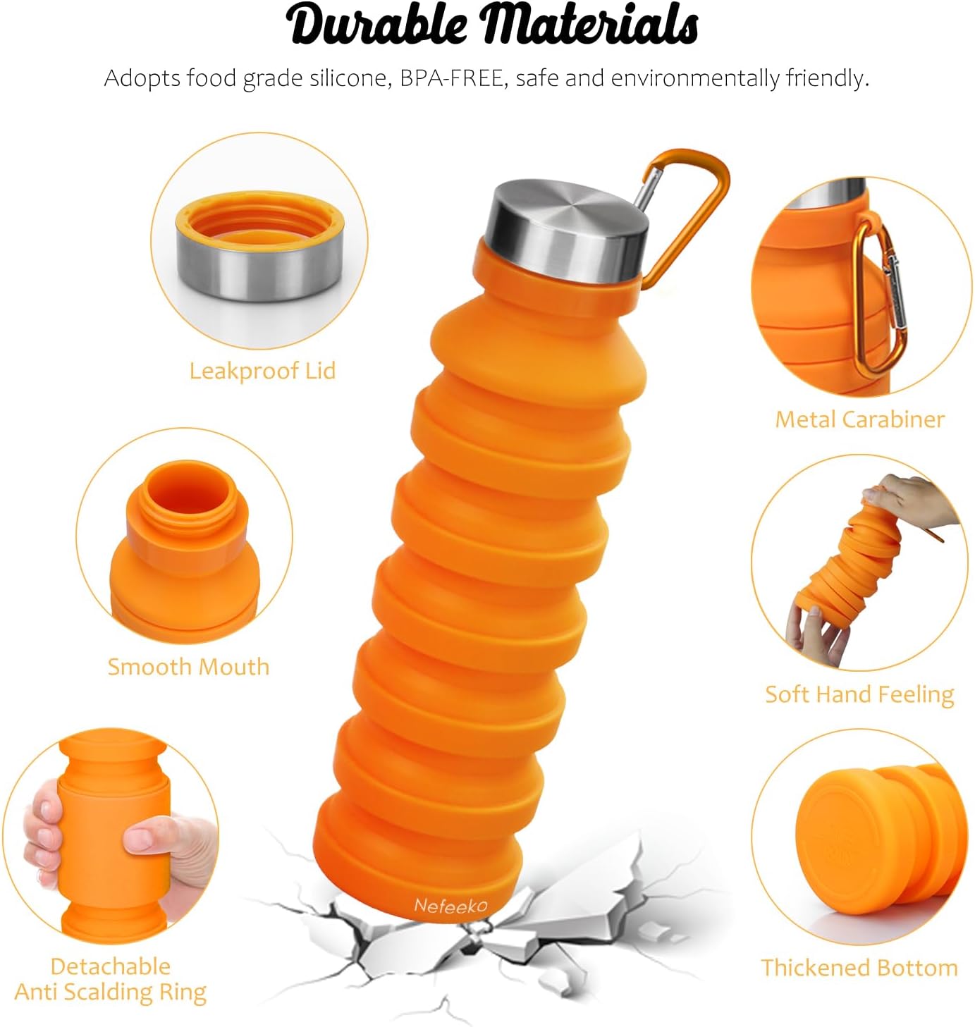 Nefeeko Collapsible Water Bottle, Reuseable BPA Free Silicone Foldable Water Bottles for Travel Gym Camping Hiking, Portable Leak Proof Sports Water Bottle with Carabiner