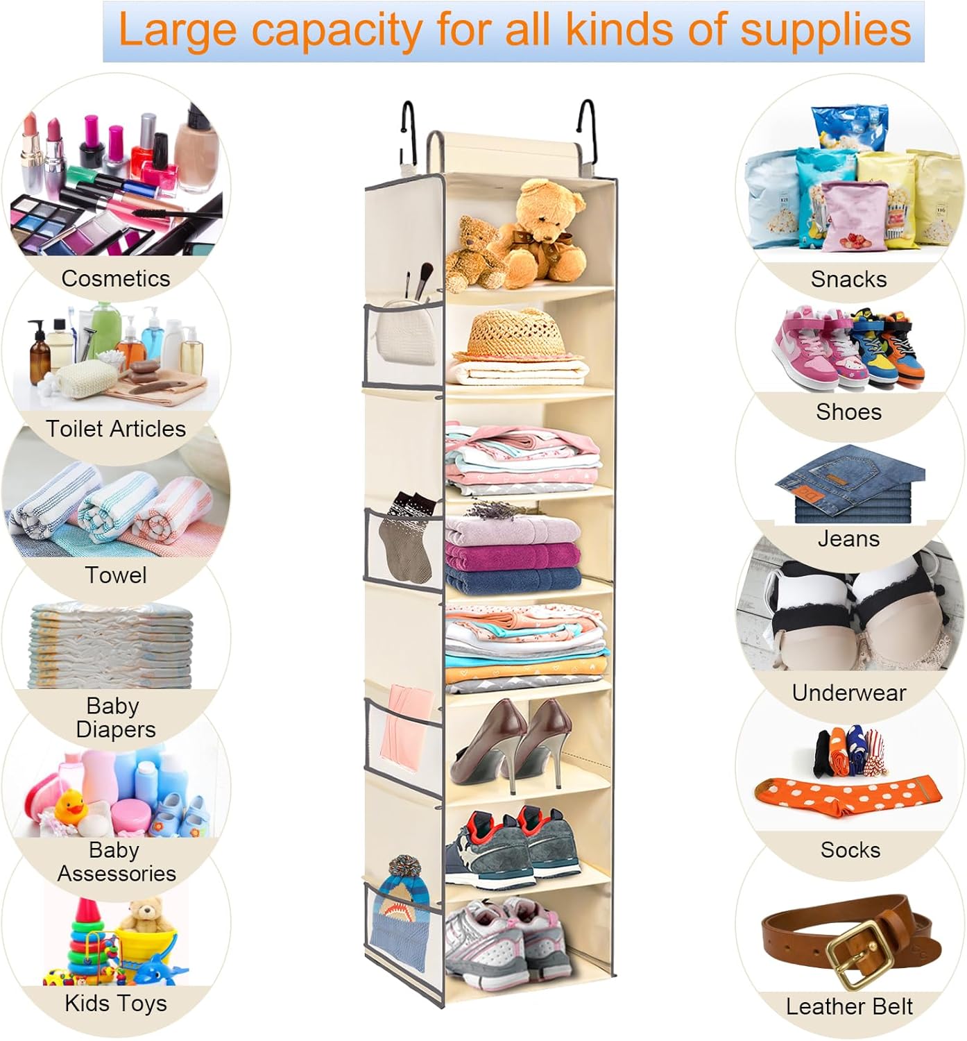 Large-Sized Hanging Shoe Organizer 8-Shelf, Hanging Closet Organizer with 8 Side Pockets, Wider Hanging Shelves for Storage Shoes Clothes 9" W × 11.8" D× 48" H, Beige.