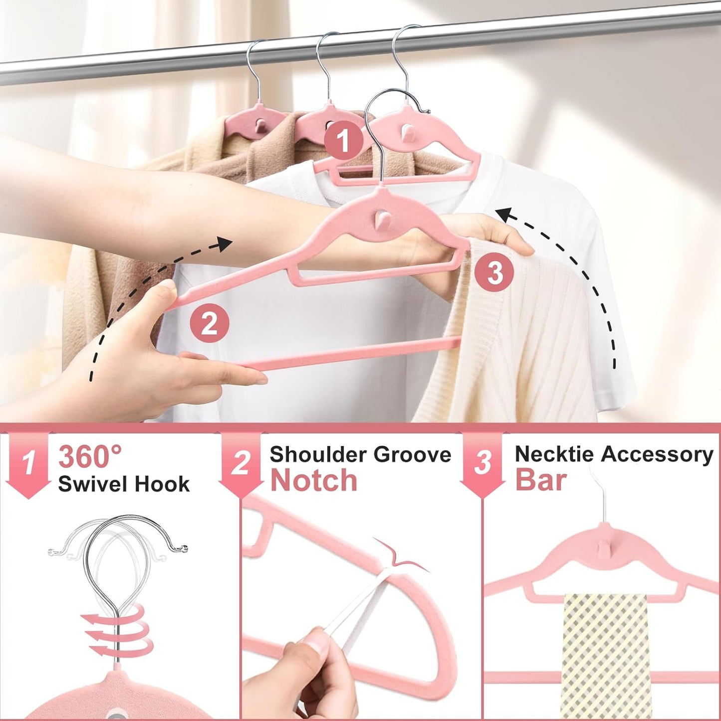 Velvet Felt Stackable Hangers 50 Pack, Non Slip, with 360°Swivel Hook, Ultra Thin and Space Saving for Suits, Shirts, Coats, 15Lbs Capacity Heavy Duty, Pink