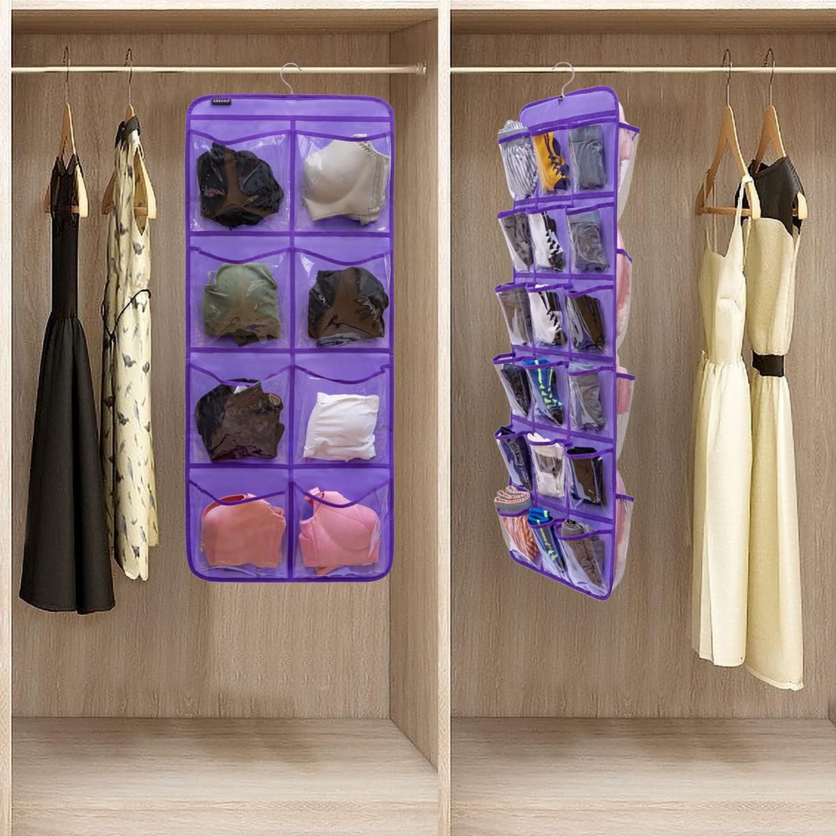 Dual-Sided Hanging Closet Organizer for Socks Underwear Bra Kids Storage Organizer for Baby Clothes Toddler Shoes with 26 Pockets (Purple-Clear Pockets)