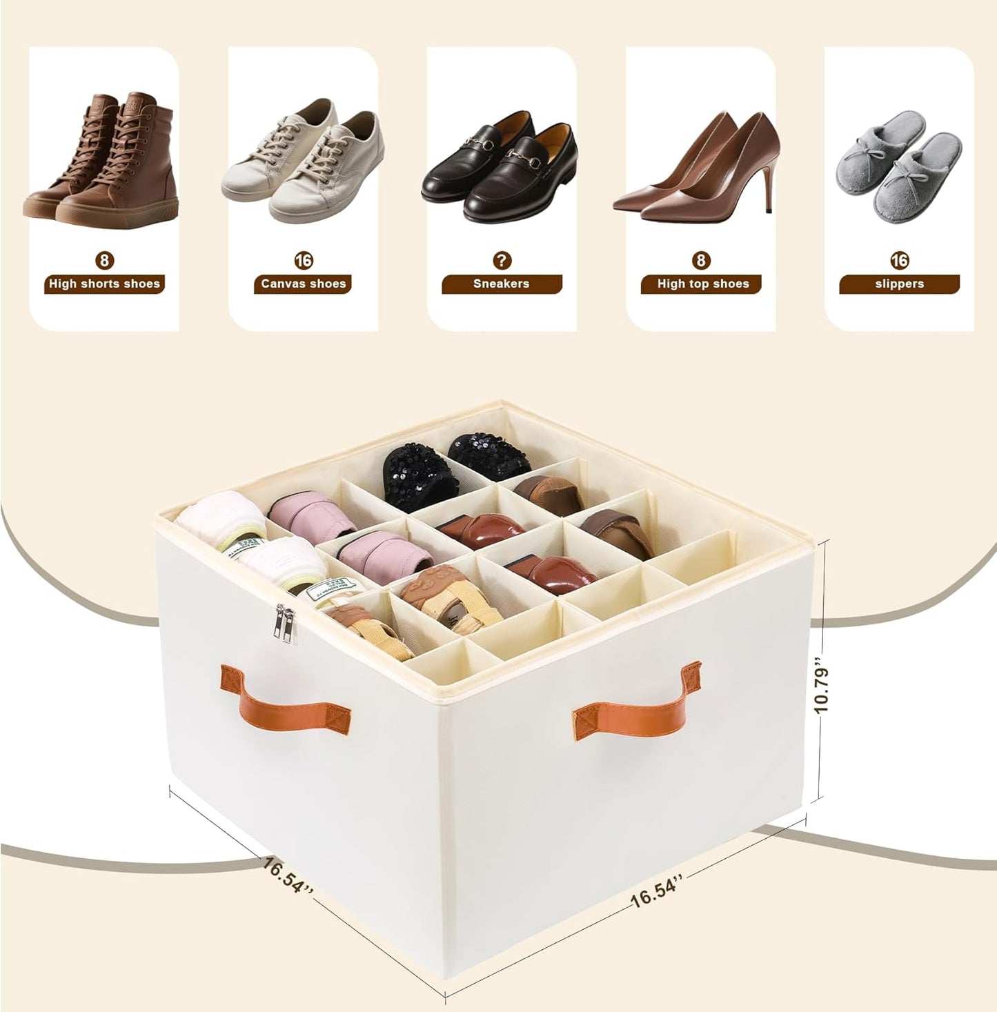 Shoe Organizer for Closet, Fits up to 16 Pairs Shoe Storage, Clear Foldable Shoe Containers Boxes Bins Baskets with Adjustable Dividers and Clear Cover White