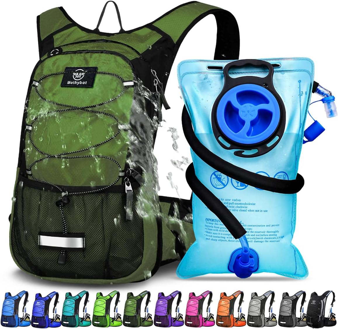 Insulated Hydration Backpack Pack with 3L BPA Free Leak Proof Water Bladder, Large Storage Lightweight Hiking Daypack with Waist Pouches & Cooler Layer, for Running, Biking, Camping, Festival