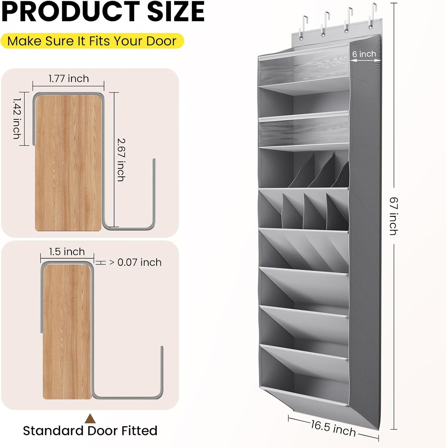 Over the Door Shoe Organizer for Closet, Shoes Rack with 8 Tier Large Deep Pockets, Hanging Shoe Organizers for Boot Storage, Behind the Door Narrow Shoe Holder for Small Shoes, Grey