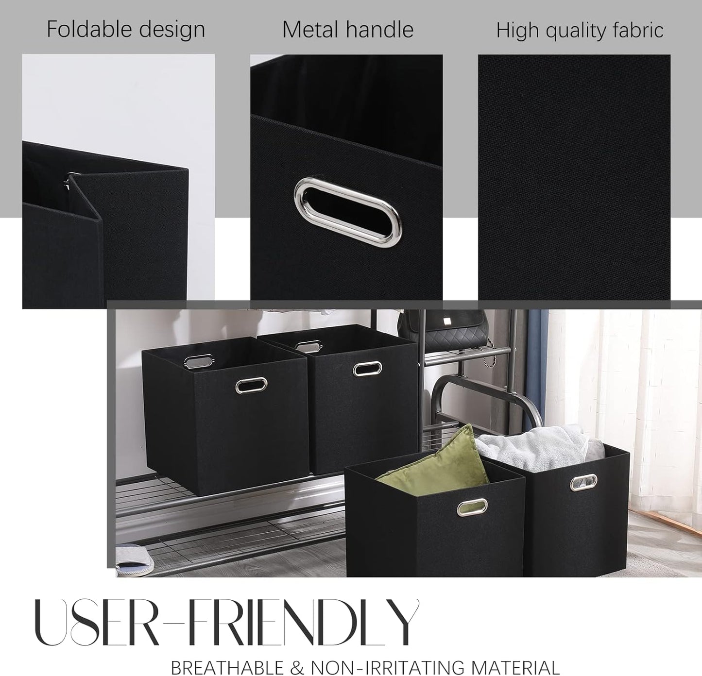 Collapsible Organization Basket Fabric Foldable Box with Handles, 13x13 Cube Storage Bins Set of 4, Thick and Heavy Duty Storage Baskets for Shelves Bedroom Livingroom,Black