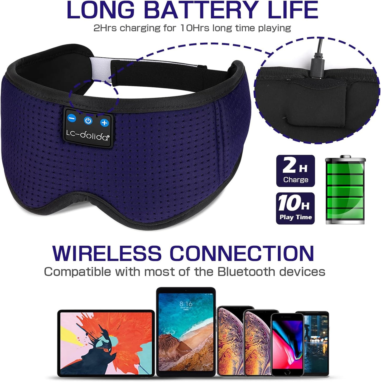 LC-dolida Sleep Headphones, Sleep Mask Bluetooth Wireless Music Eye Mask, Sleeping Headphones for Side Sleepers Sleep Mask with Bluetooth Headphones Ultra-Thin Stereo Speakers Perfect for Sleeping