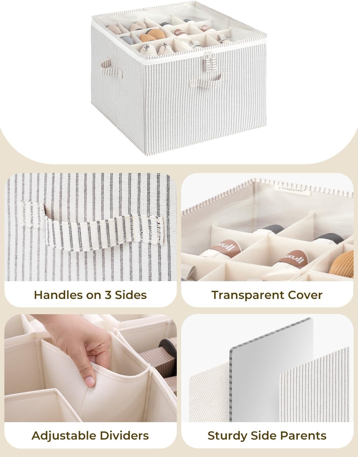 StorageWorks Shoe Organizer for Closet, Fits up to 16 Pairs, Shoe Cubby Storage Containers with Adjustable Dividers and Clear Cover, Gray and White Stripes