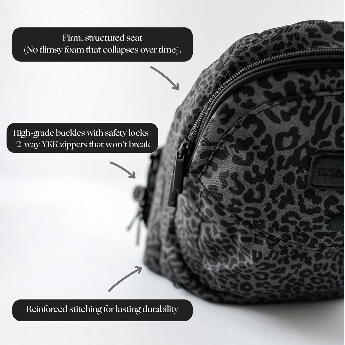 Tushbaby Ergonomic Hip Seat Carrier- for Babies and Toddlers 0-3yrs, Safety Approved, Structured Support, Convenient Pockets, Feeding Aid, Durable YKK Zippers, Foam-Free Build, (Jaguar)