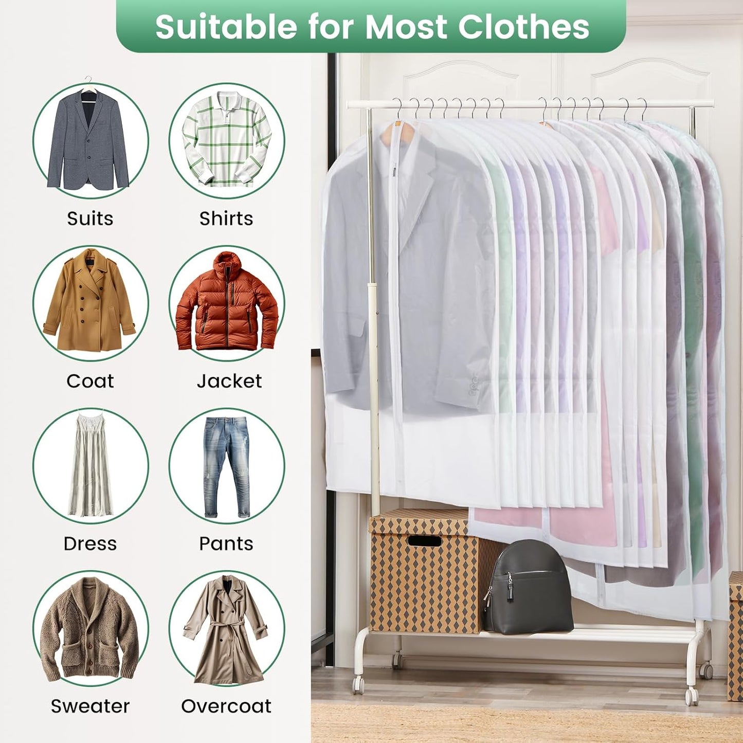 6 Pack Translucent Garment Bags for Hanging Clothes - Frosted Clothes Storage Bags for Suits, Shirts, Dresses, Closet Storage, Travel - 24" x 40"/47"/55"