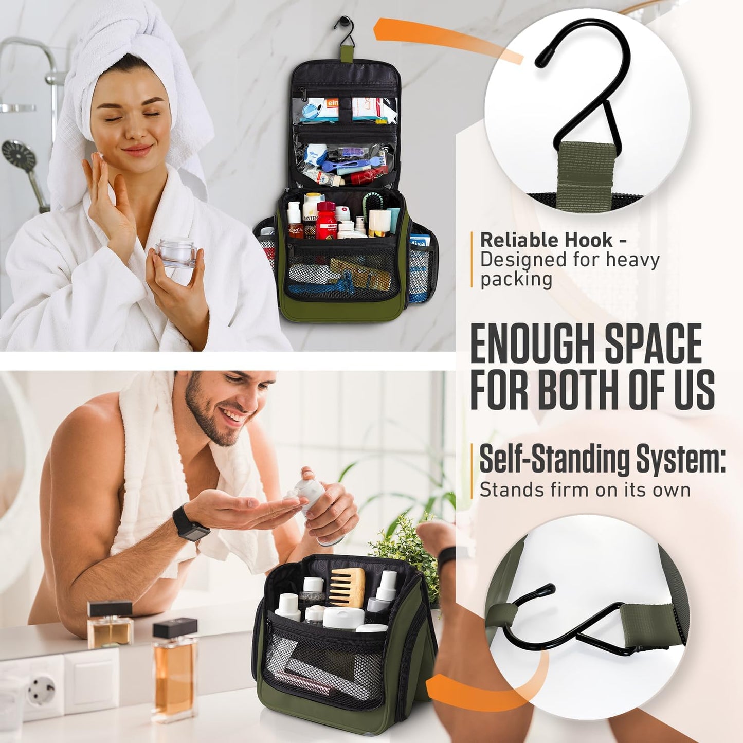 VENTURE 4TH Hanging Travel Toiletry Bag for Women & Men - Travel Organizer with Expandable Compartments & Removable Clear Pouch for Toiletries (Dark Green)