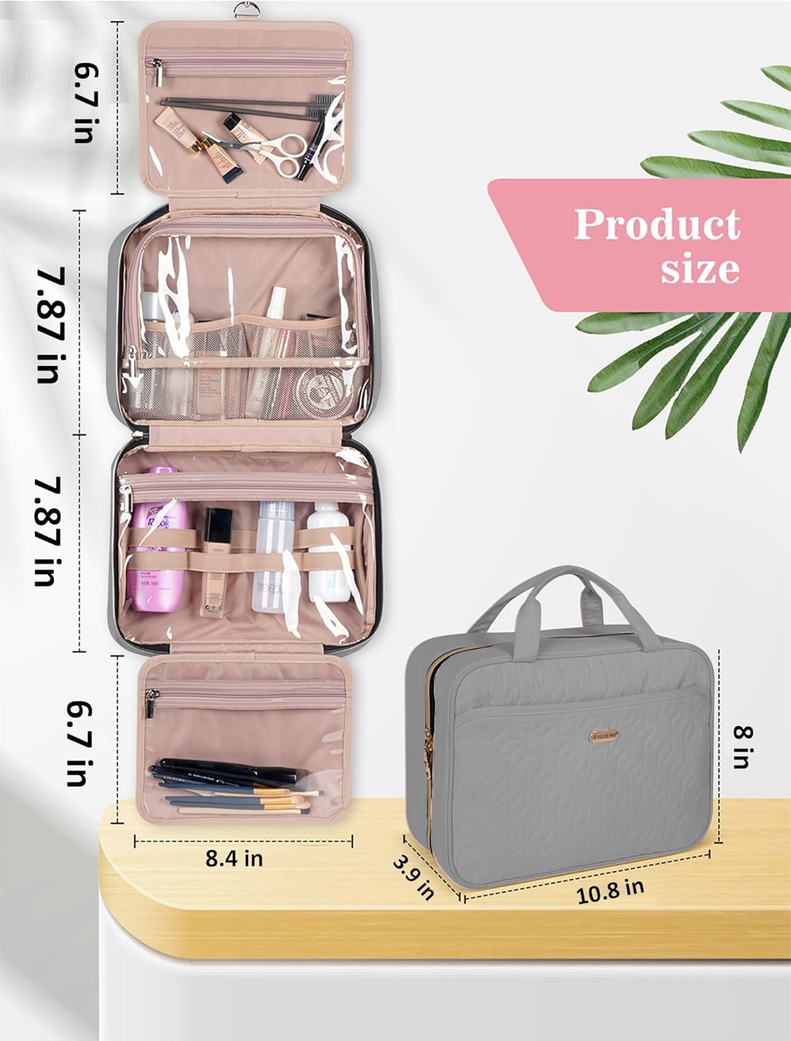 BALHLHG Toiletry Bag for Women With Hanging Hook, Medium Travel Makeup Organizer, Water-resistant Cosmetic Toiletries Bag for Bathroom, Trip, Business, Grey