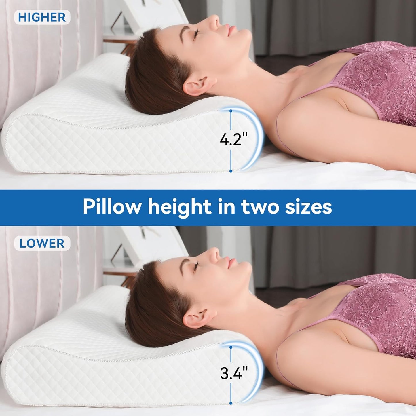 Ergonomic Memory Foam Pillow with Washable Zippered Soft Cover Contour Cervical pillows for Neck Pain and Side Sleeper Back Support Orthopedic Pillow, White