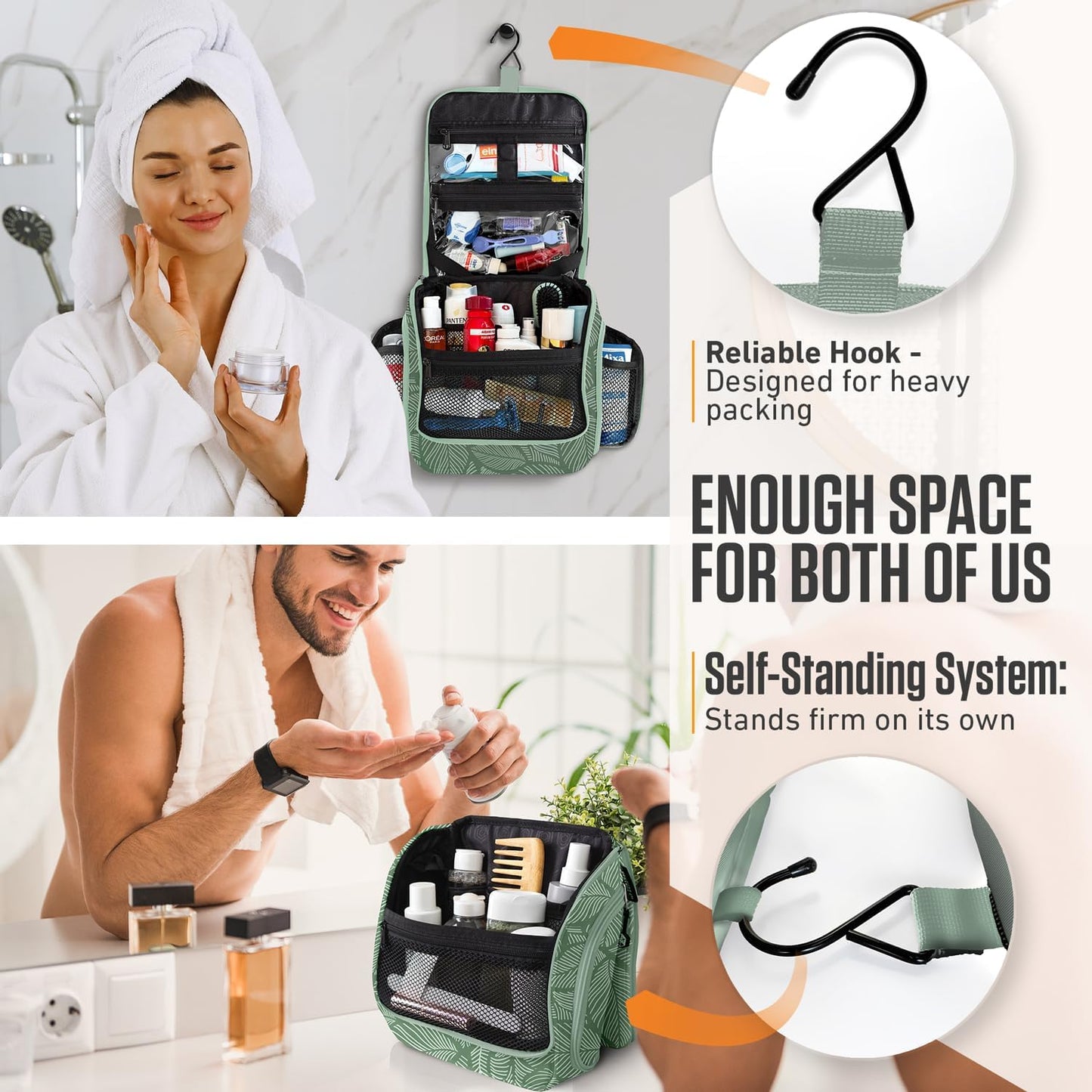 VENTURE 4TH Hanging Travel Toiletry Bag for Women & Men - Travel Organizer with Expandable Compartments & Removable Clear Pouch for Toiletries (Green Leaves)