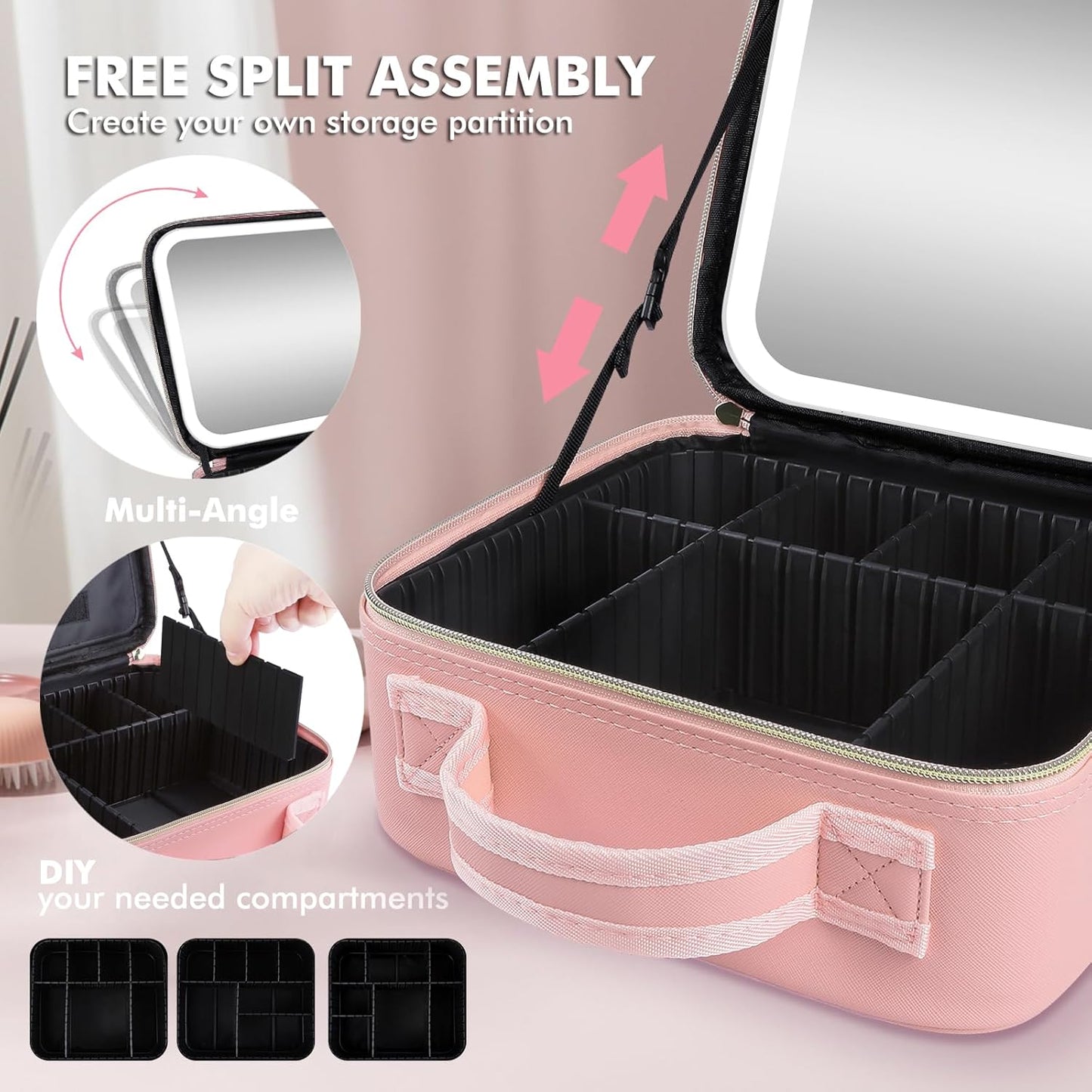 Travel Makeup Bag with Removable Mirror, Cosmetic Organizer Bag with Mirror, 360° Angle Stand, 3 Colors Dimmable Lighted Makeup Case, PU Leather Makeup Train Case with Adjustable Dividers/Brush Holder