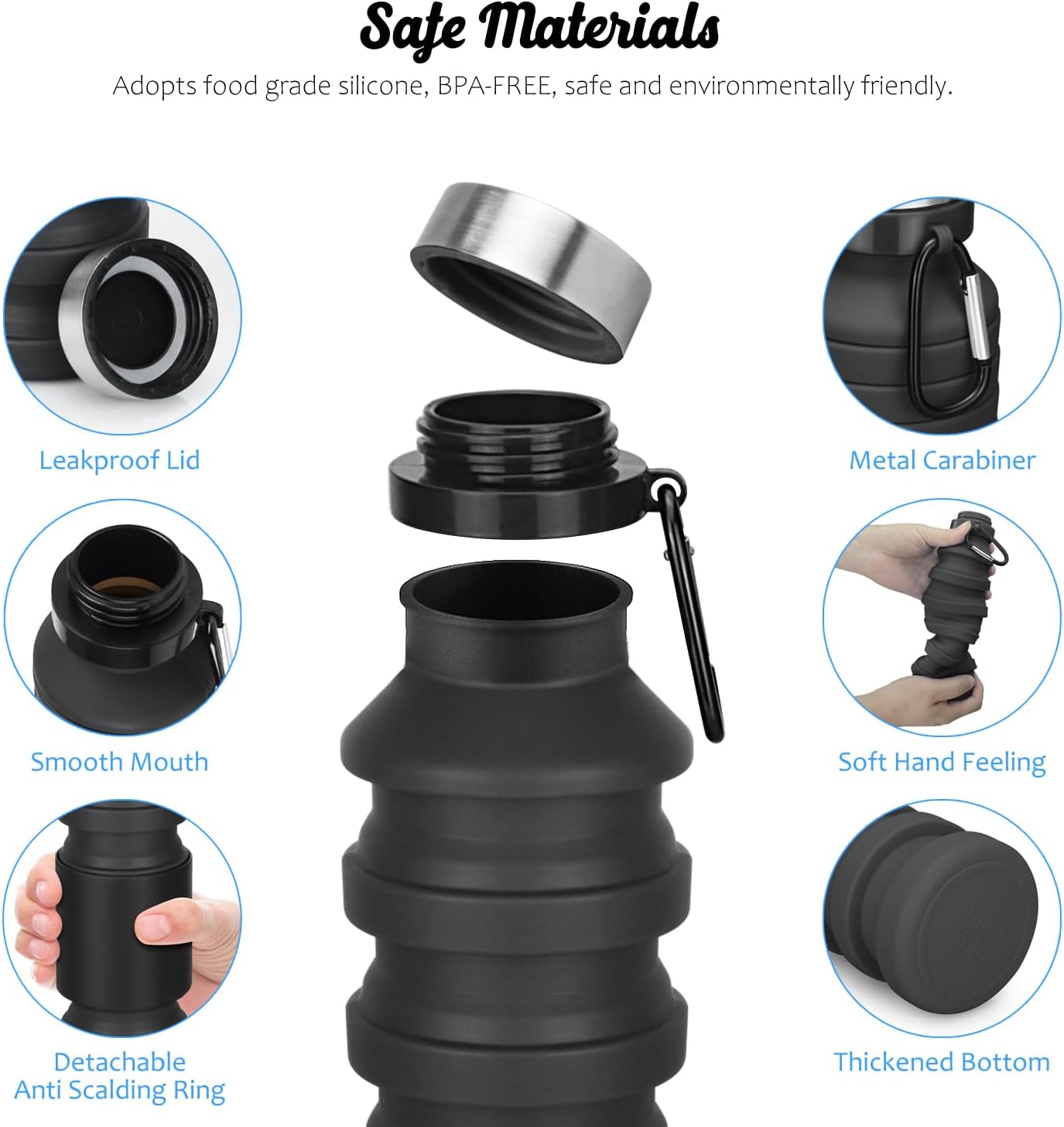 Nefeeko Collapsible Water Bottle, Reuseable BPA Free Silicone Foldable Water Bottles for Travel Gym Camping Hiking, Portable Leak Proof Sports Water Bottle with Carabiner