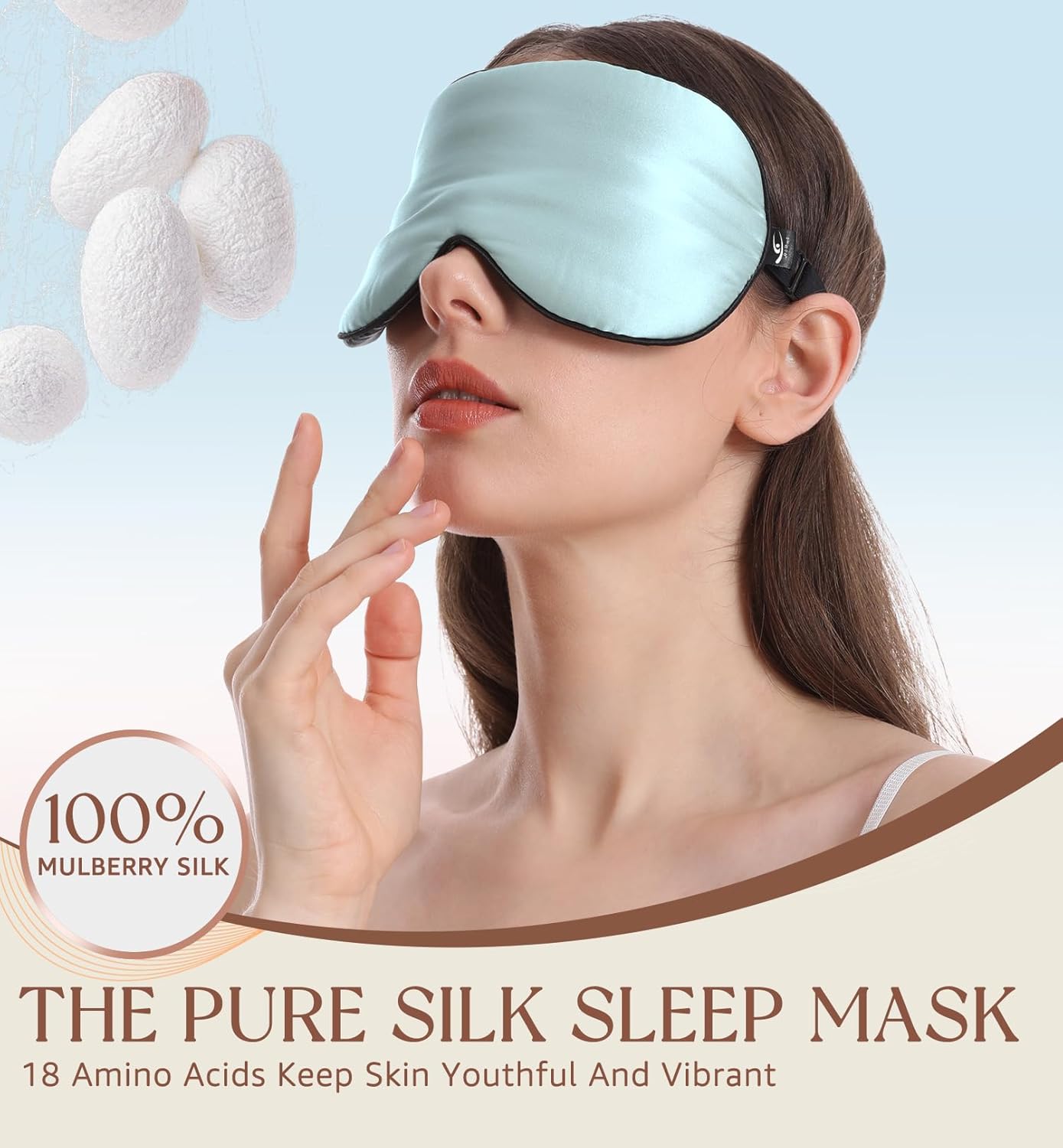 HiRui Silk Sleep Mask, 100% Natural Mulberry Silk of Double-Sided & Inner-Filling, Ultra-Smooth Soft, Adjustable Strap, Blocks Light for Night Sleeping, Travel, Office Naps (Light Blue)