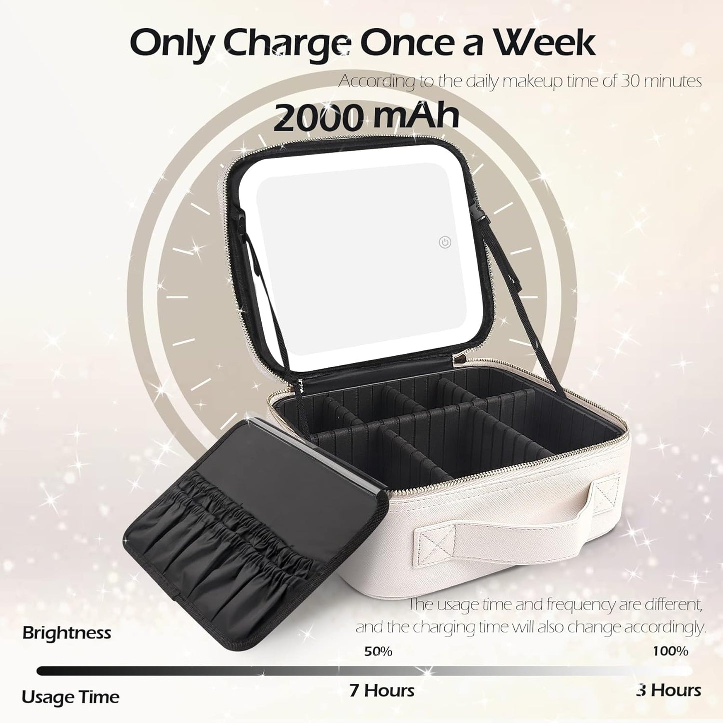 MOMIRA Makeup Bag with Mirror and Light Travel Makeup Train Case Cosmetic Bag Organizer Portable Artist Storage Bag with Adjustable Dividers Makeup Brushes Storage Organizer Brilliant Creamy White