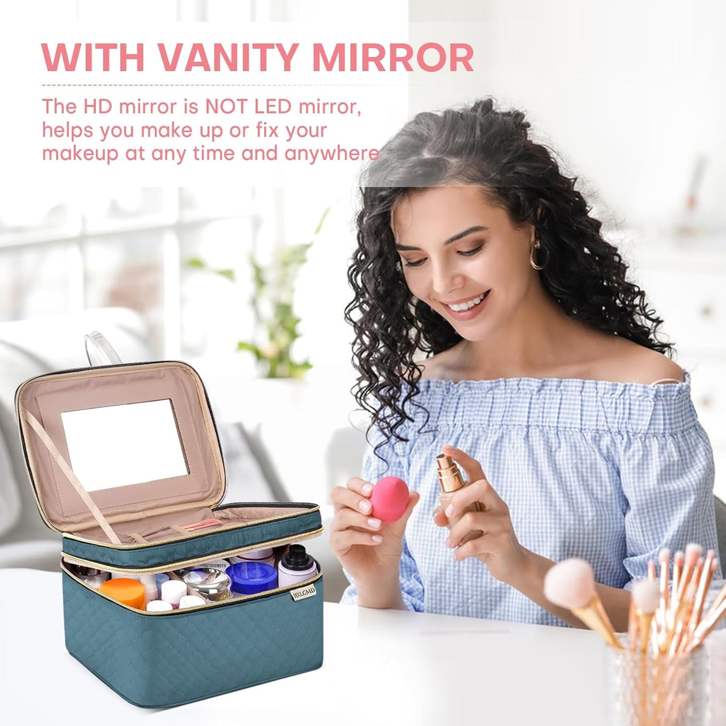 Large Makeup Bag with Mirror Double Layer Travel Make Up Organizer Case, Large Capacity Coemetic with Brush Slot Divider, Travel Toiletry Bag for Women (Lake Blue)