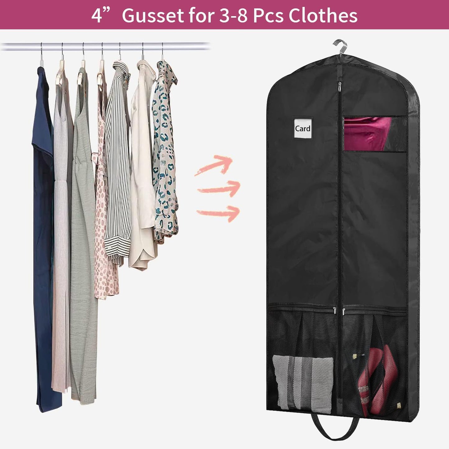54" Garment Bags for Travel, 2 Pack Dress Bag for Hanging Clothes Storage with Pockets and Clear Window, 4" Dress Storage Bag for Long Coat, Jacket, Sweater, Shirts, Suits