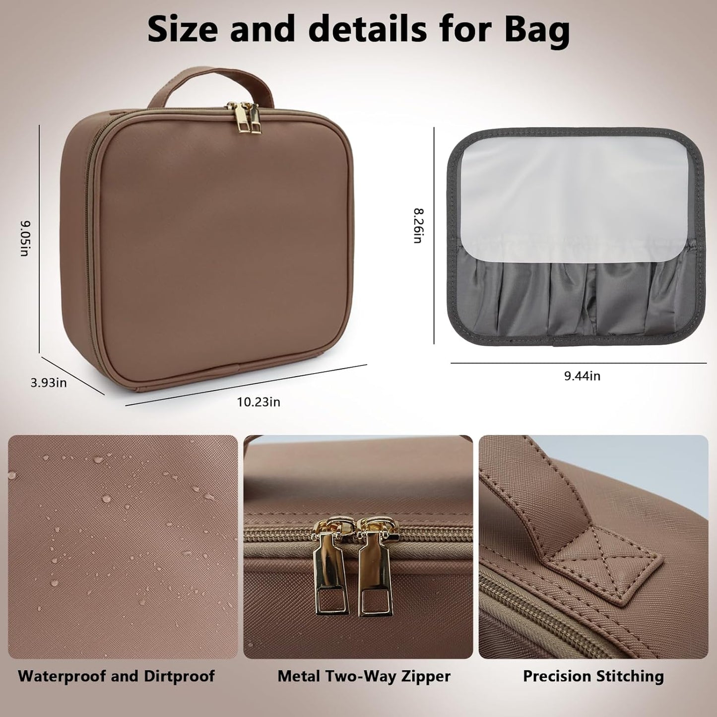 Travel Makeup Bag with LED Mirror Travel Makeup Organizer with 3 Lighted Settings, Adjustable Dividers and Makeup Brush Storage Bag Mocha